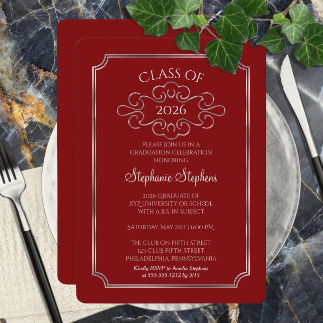 Convites Elegante Vermelho | Formandos de prata (Elegant and Classy Formal Red and Silver Tone College Graduation Party Invitation - Print | Digital)