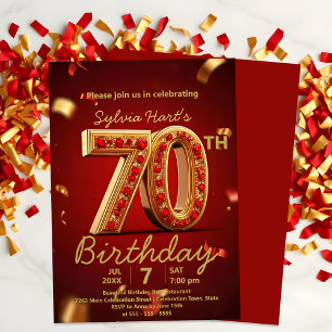 Convites Elegante Vermelho Luxurioso e 70 Dourado Aniversár