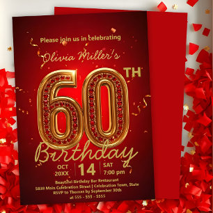 Convites Elegante Vermelho Luxurioso e Dourado 60º aniversá