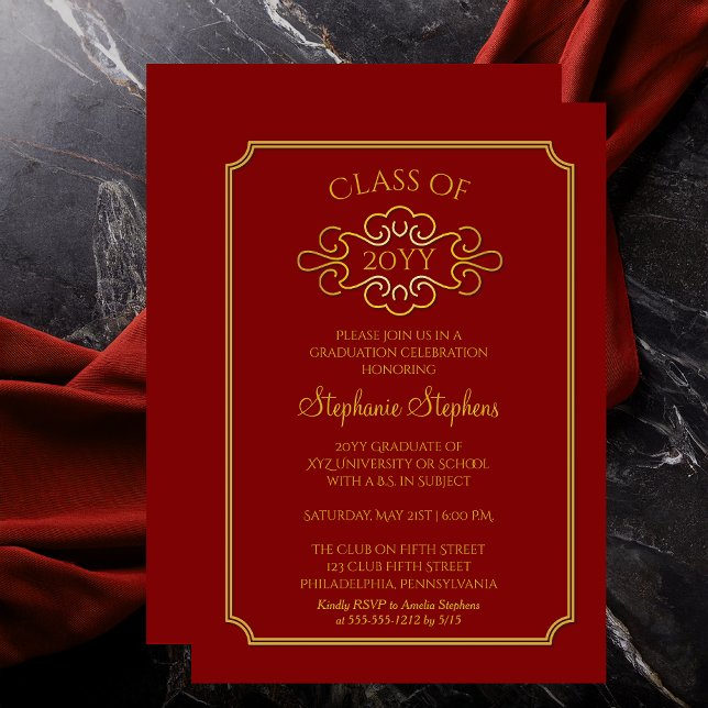 Convites Elegante Vermelho | Parte Formandos Dourada (Elegant Red and Gold Tone College | University Graduation Announcement and Party Invitation)