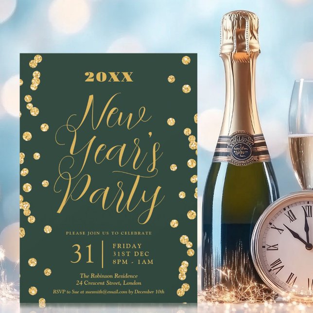 Convites Elegante Véspera de ano novo Dourada Glitter Confe (Elegant New Years Eve Gold Glitter Confetti Green Invitation)