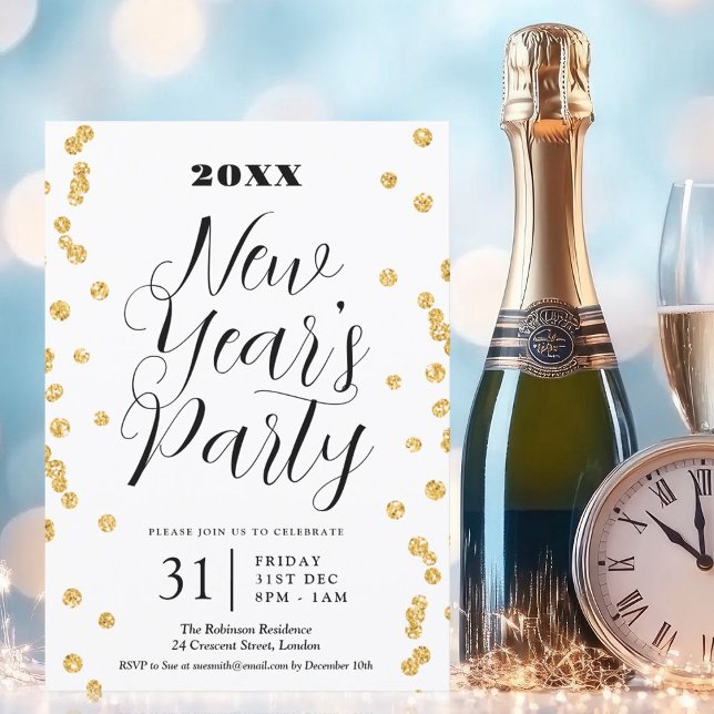 Convites Elegante Véspera de ano novo Dourada Glitter Confe (Elegant New Years Eve Gold Glitter Confetti Invitation)