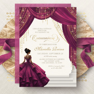 Convites Elegante Vestido de Princesa Burgundy Quinceanera