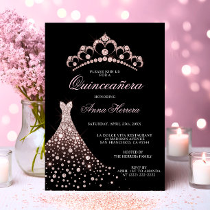 Convites Elegante Vestido Quinceañera Preto Tiara Pink Gown