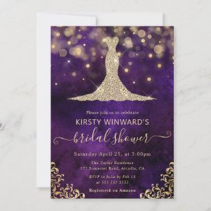 Convites Elegante Vestido Roxo Dourado para Chá de Noiva