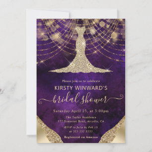 Convites Elegante Vestido Roxo Dourado para Chá de Noiva