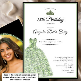 Convites Elegante vestido verde-sage para debut de 18 anos