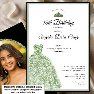 Convites Elegante vestido verde-sage para debut de 18 anos