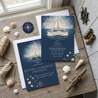 Convites Elegante Viagem de Amor Barco à Vela Azul-Marinho