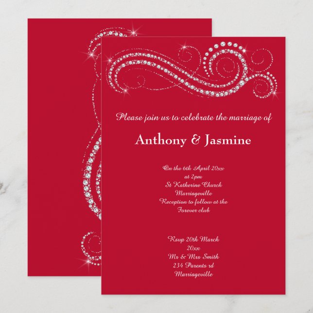 CONVITES ELEGANTE VIBRANT RED DIAMOND SWIRL WEDDING (Frente/Verso)