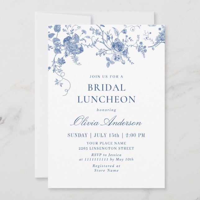 Convites Elegante Victorian Blue Floral BRIDAL LUNCHEON (Frente)