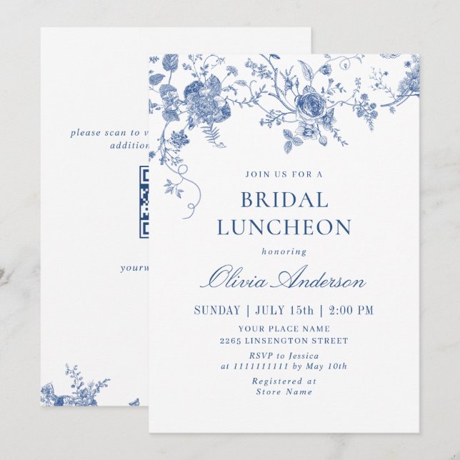 Convites Elegante Victorian Blue Floral BRIDAL LUNCHEON (Frente/Verso)