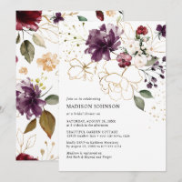 Elegante Vinho Tinto Floral Bridal Shower Dourado
