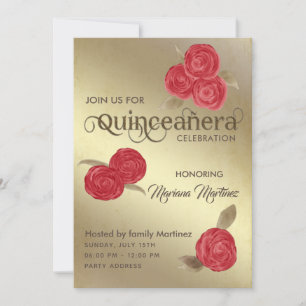 Convites Elegante vintage aquarela rosas vermelhas Quince