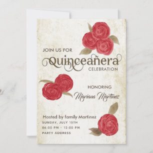 Convites Elegante vintage aquarela rosas vermelhas Quince