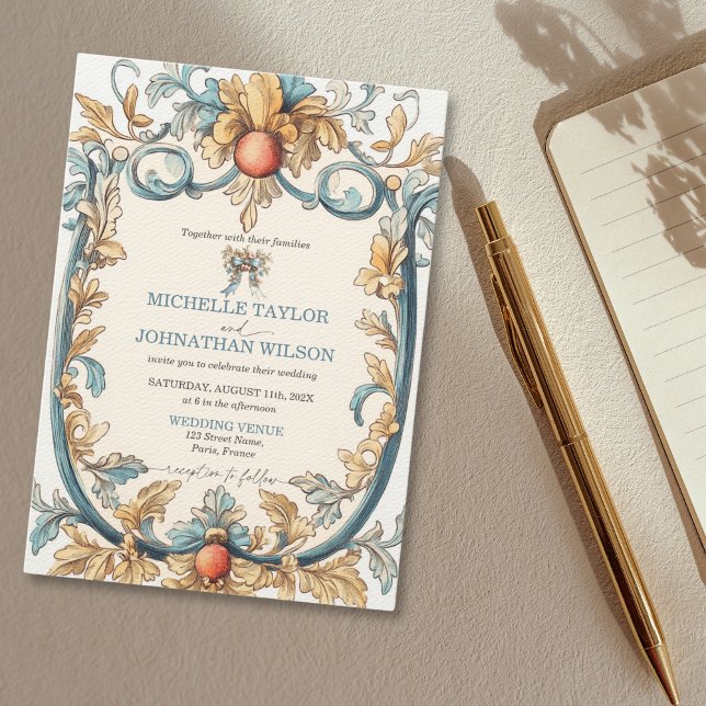 Convites Elegante Vintage Art Nouveau Azul e Dourado (bow and art nouveau frame blue and gold wedding invitation)