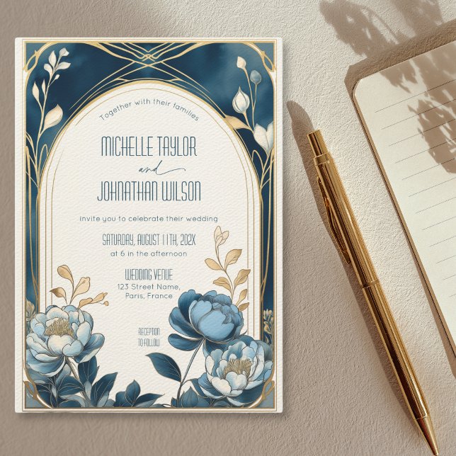 Convites Elegante Vintage Art Nouveau Blue Peonies Mucha (Blue peonies with an arched art nouveau frame wedding invitation)