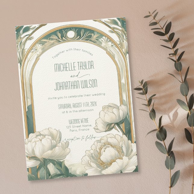 Convites Elegante Vintage Art Nouveau White Peonies Mucha (elegant art nouveau gold and green frame with white peonies, white background wedding invitation)