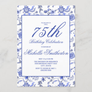 Convites Elegante Vintage Azul Floral 75º Aniversário Mulhe