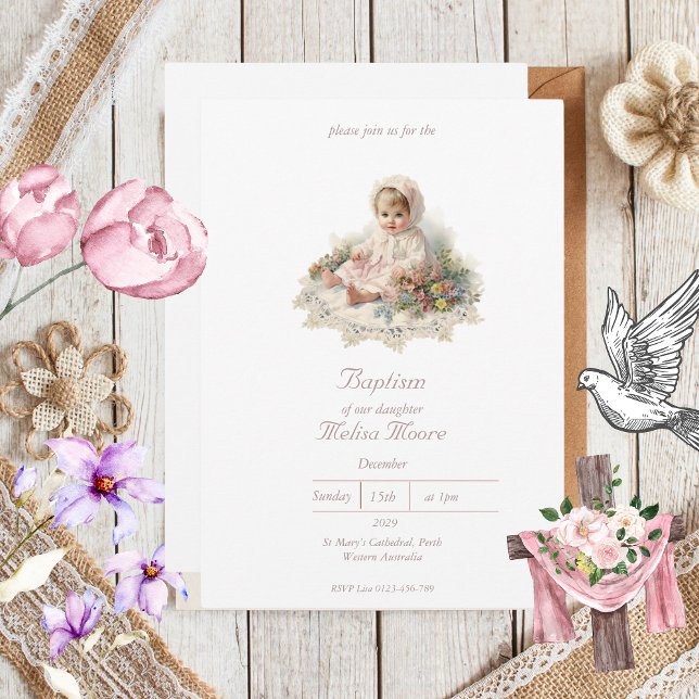 Convites Elegante Vintage Baby Girl Baptism (Elegant Vintage Baptism Invitations)
