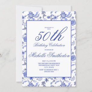 Convites Elegante Vintage Blue Floral 50th Birthday Women