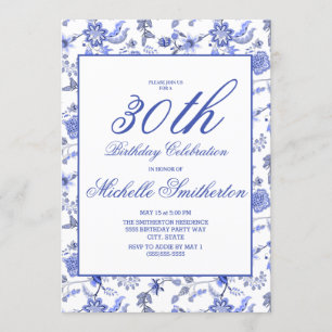 Convites Elegante Vintage Blue Floral aniversário de 30 ano