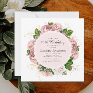 Convites Elegante Vintage Blush Floral Rosa 75º Aniversár