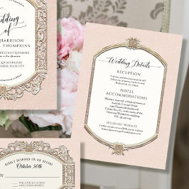 Convites Elegante Vintage Blush Pink em Detalhes Dourados d