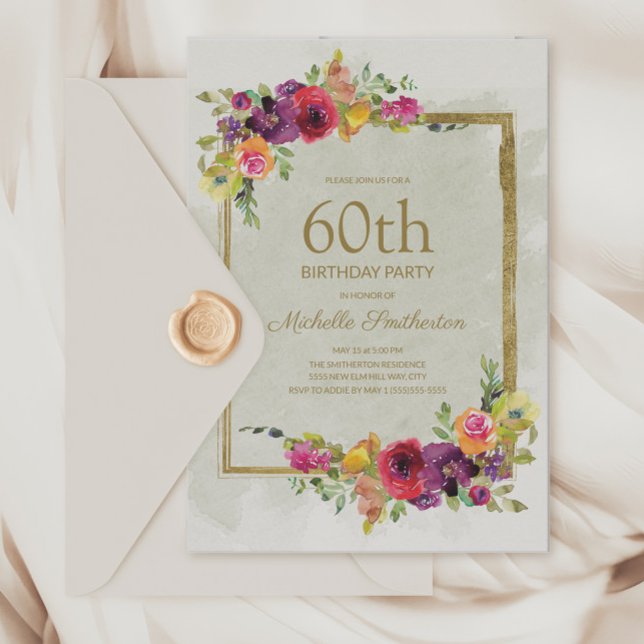 Convites Elegante Vintage Floral Women's 60th Birthday (Elegant purple and pink vintage flowers 60th birthday party invitation
)