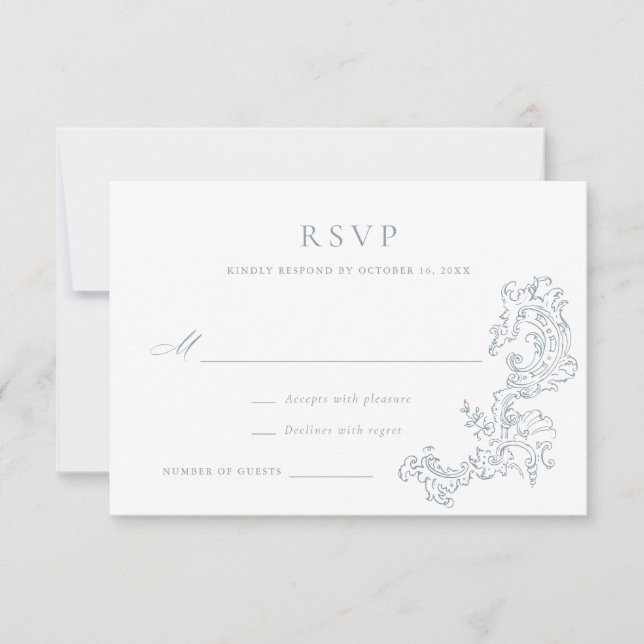Convites Elegante Vintage Ornament Design Blue Wedding RSVP (Frente)