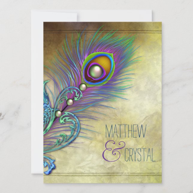 Convites Elegante Vintage Peacock Wedding (Frente)