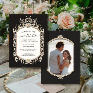 Convites Elegante Vintage Preto Vitoriano em Foto Dourada