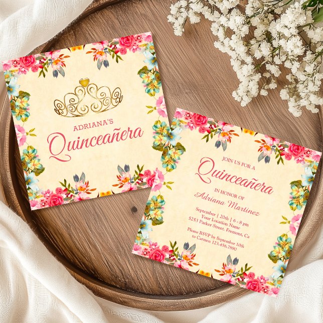 Convites Elegante Vintage Princesa Floral Rosa Quinceanera (Criador carregado)