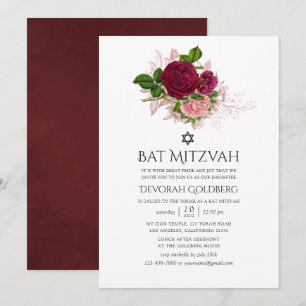 Convites Elegante Vintage Rosa e Floral Burgundy Bat Mitzva