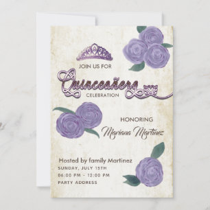Convites Elegante vintage rosas de aquarelas roxas Quince