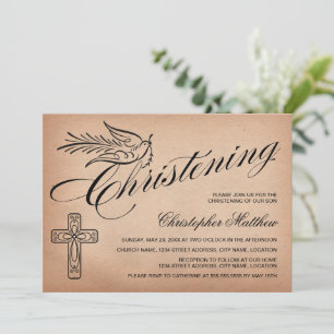 Convites Elegante Vintage Script Cross and Dove Christening