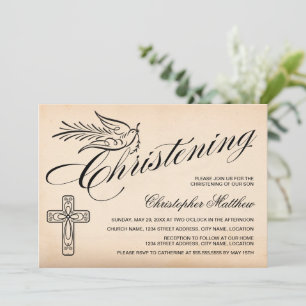 Convites Elegante Vintage Script Cross and Dove Christening
