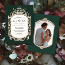 Convites Elegante Vintage Victorian Emerald e Dourada Foto
