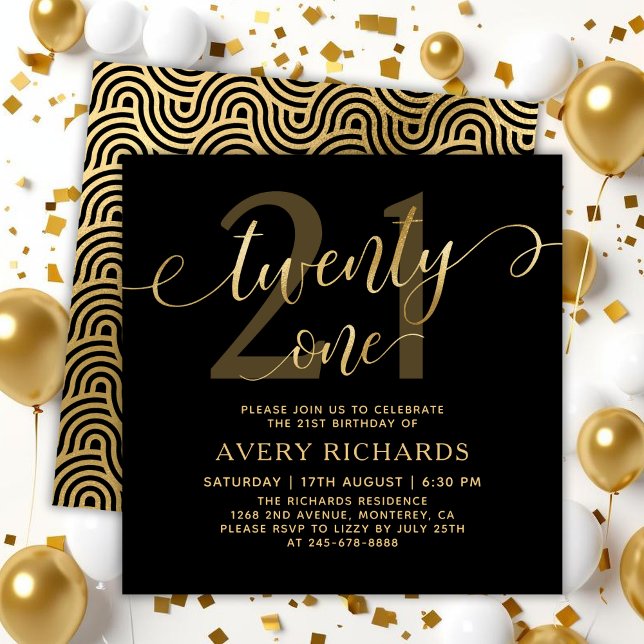 Convites Elegante Vinte e Um Dourado Script Preto Aniversár (Criador carregado)