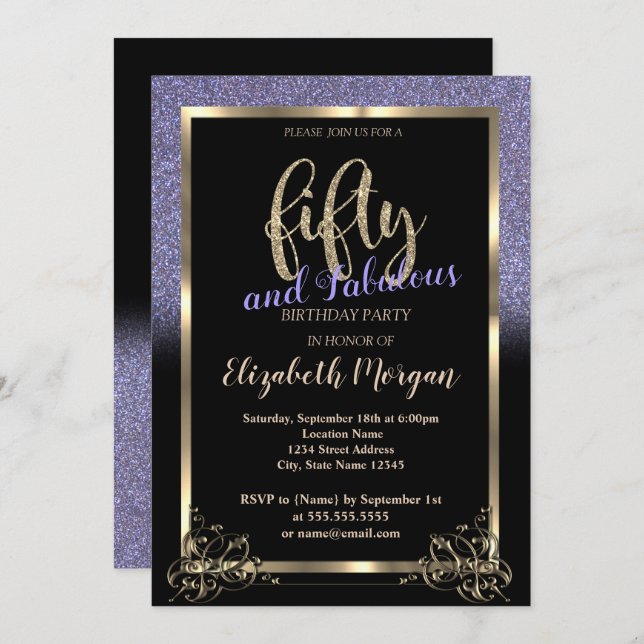 Convites Elegante Violet Glitter Ombre 50ª Festa de anivers (Frente/Verso)