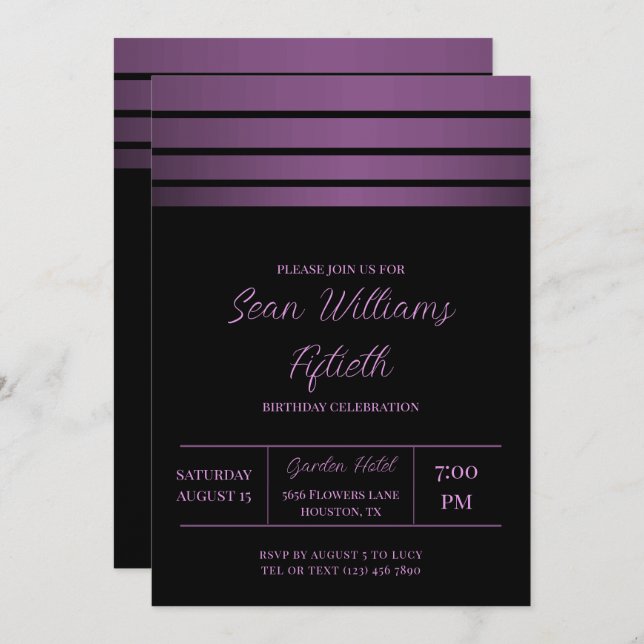 Convites Elegante Violet Stripes Masculina Aniversário (Frente/Verso)