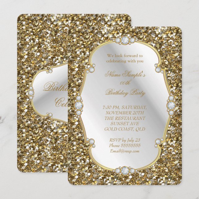Convites Elegante Visualização Brilho Dourado Diamante Fest (Frente/Verso)