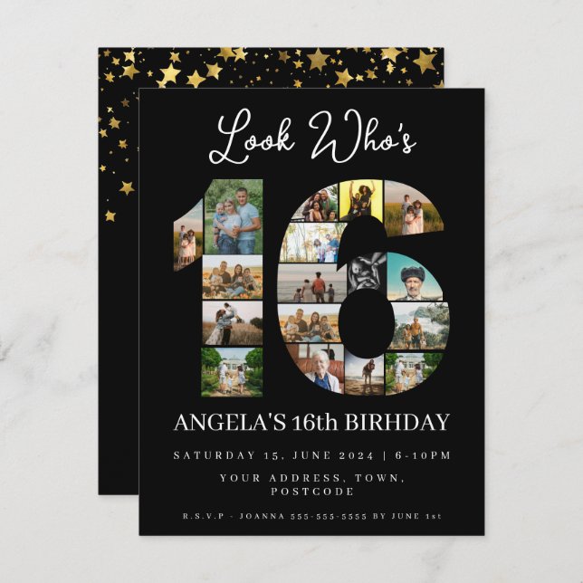 Convites elegante visualização preto quem é 16 Foto Colagem (Frente/Verso)