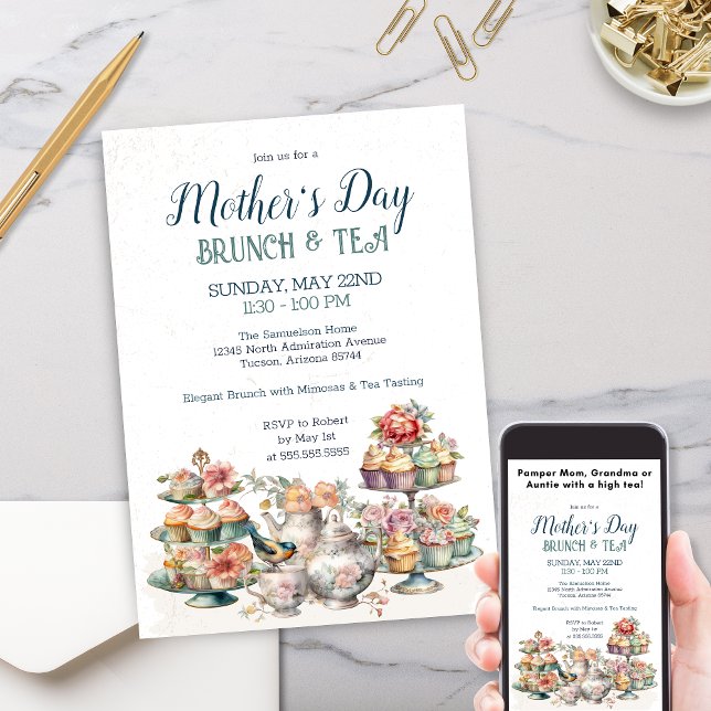 Convites Elegante vitoriano do Tea Party Brunch (Elegant tea party invitation with vintage floral greenery and victorian aesthetics)