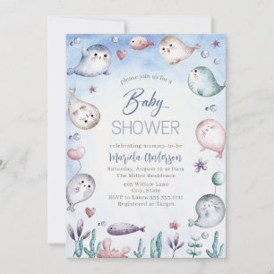 Convites Elegante Watercolor Baby Seal Chá de fraldas
