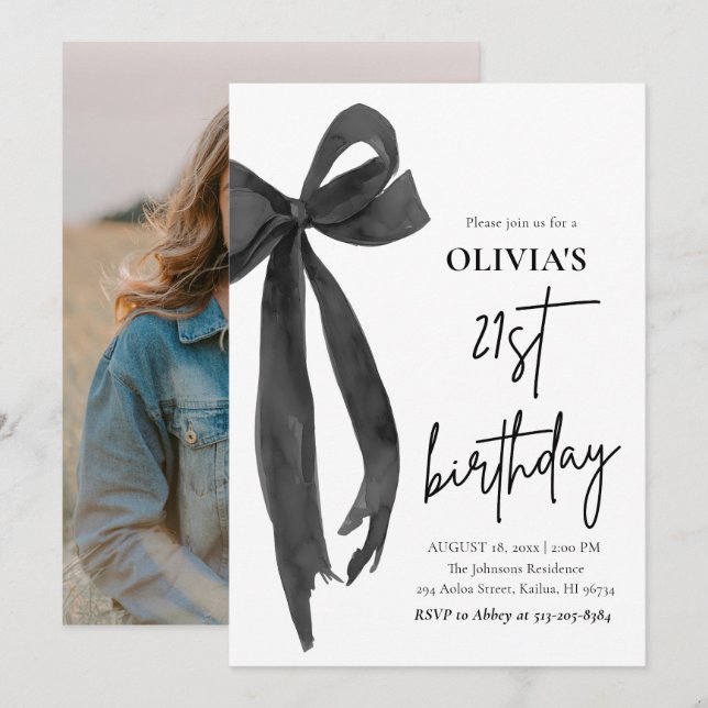 Convites Elegante Watercolor Black Arco 21ª Festa de aniver (Frente/Verso)