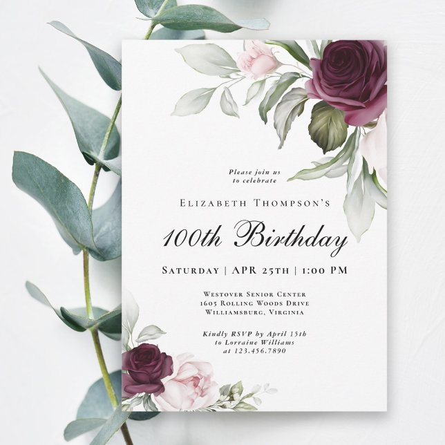 Convites Elegante Watercolor Botânica 100º Aniversário (Celebrate a 100th birthday in feminine style with this elegant invitation.)