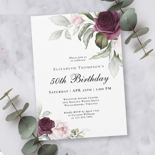 Convites Elegante Watercolor Botânica 50º Aniversário (An elegant invitation for celebrating an important milestone birthday!)