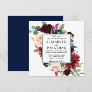 Convites Elegante Watercolor Burgundy Blue Floral Weds Sq