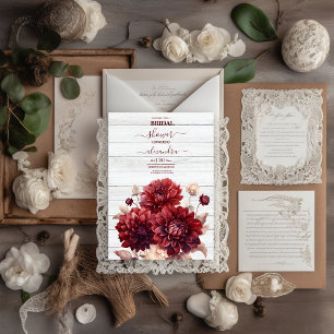 Convites Elegante Watercolor Burgundy Dahlia Bridal